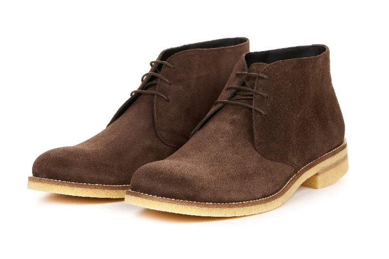 Men's two - tone chukka boots in brown and tan for a stylish contrastThe Lawrence Chukka Boot - Dark Brown Suede Men's two - tone chukka boots in brown and tan for a stylish contrastThe Lawrence Chukka Boot - Dark Brown Suede