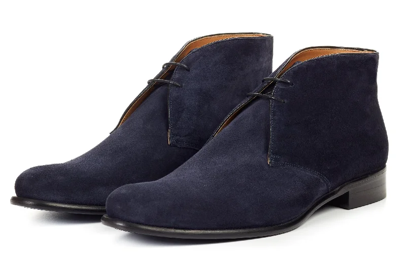 Men's anti - slip chukka boots with a rubber sole for safety on slippery surfacesThe Newman Chukka Boot - Midnight Blue Suede Men's anti - slip chukka boots with a rubber sole for safety on slippery surfacesThe Newman Chukka Boot - Midnight Blue Suede