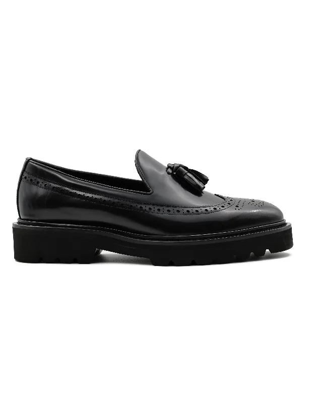 BLACK GLOSS POLISHED LEATHER TASSEL LOAFERS