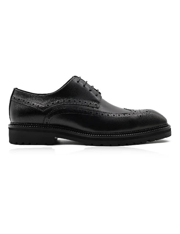 BLACK LEATHER DERBY LACE-UP SEMI BROGUE SHOES