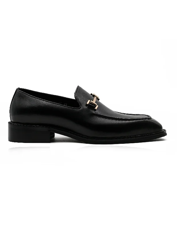 BLACK POLISHED LEATHER SNAFFLE BIT DRESS LOAFERS