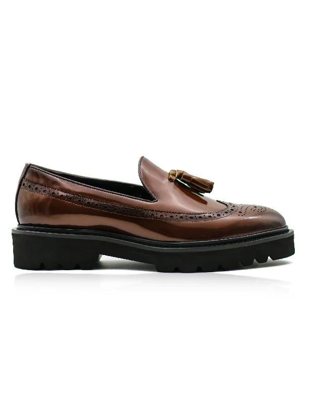 BROWN GLOSS POLISHED LEATHER TASSEL LOAFERS