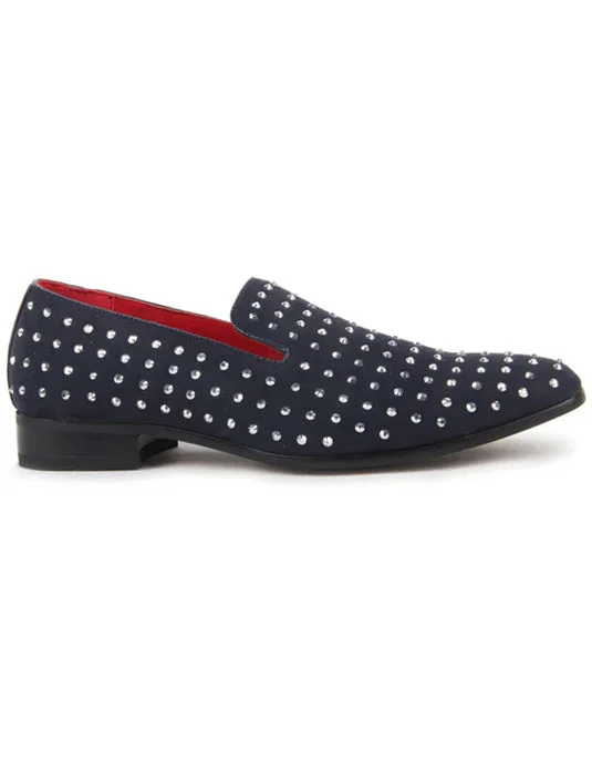 NAVY SUEDE LEATHER LINED GLITTER STUD LOAFERS