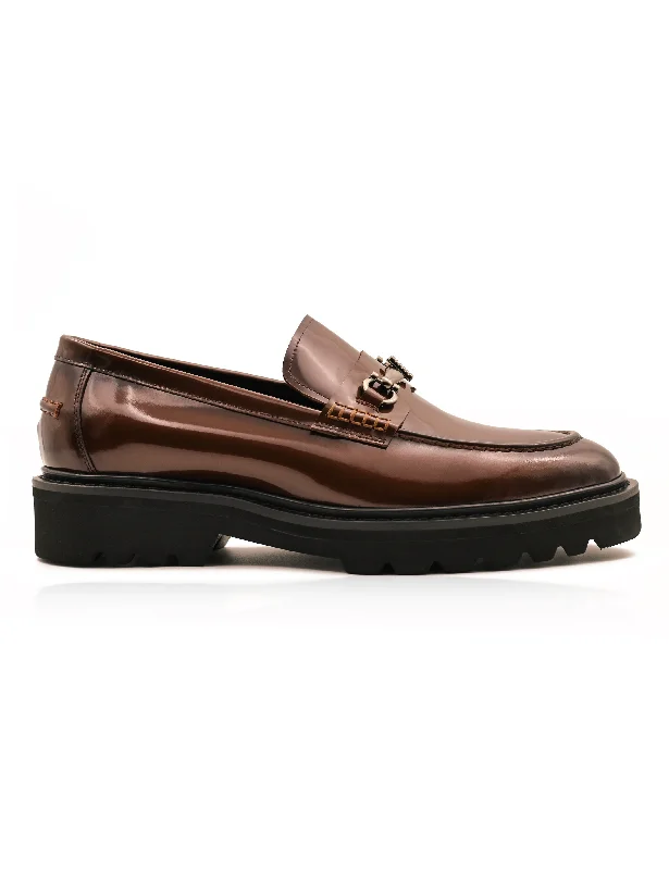 SNAFFLE BIT LUG SOLE BROWN POLISHED LEATHER LOAFERS