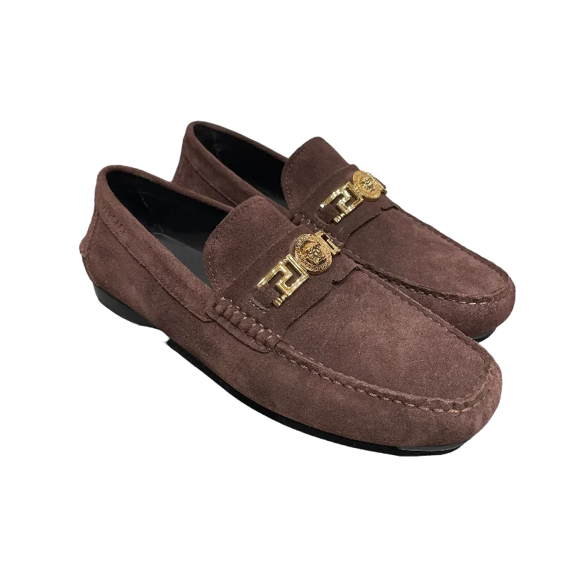 Men's loafers with a cushioned footbedVERSACE/Loafers/US 9.5/Suede/BRW/GOLD MEDUSA LOGO Men's loafers with a cushioned footbedVERSACE/Loafers/US 9.5/Suede/BRW/GOLD MEDUSA LOGO