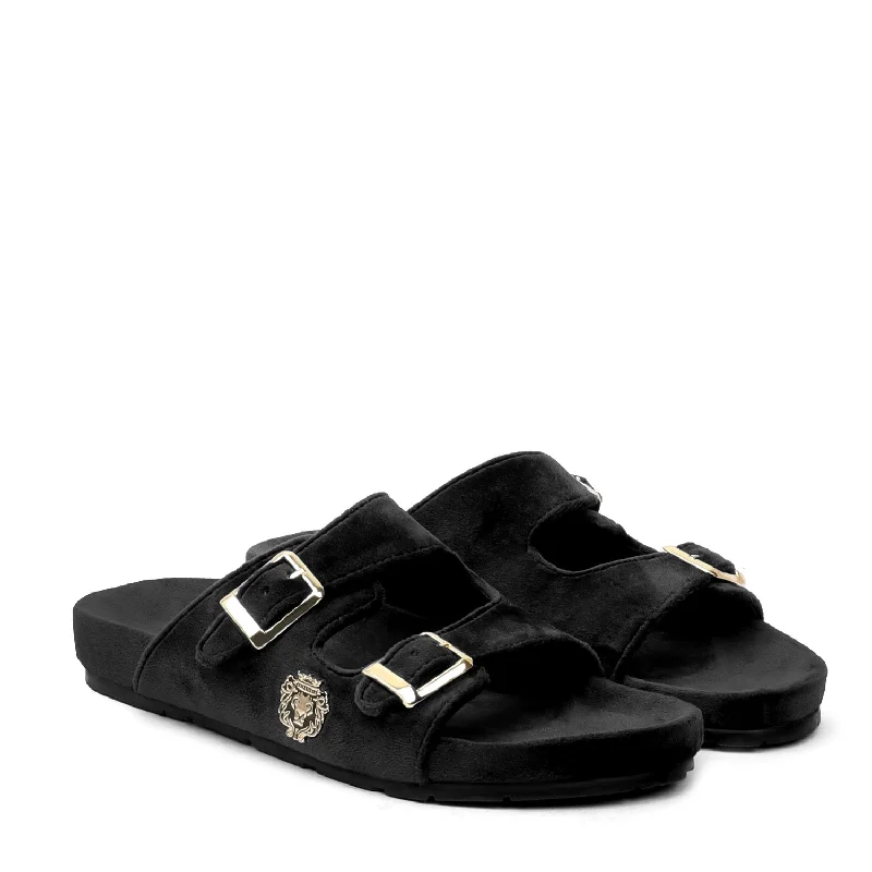 Adjustable Buckle Black Velvet Slippers