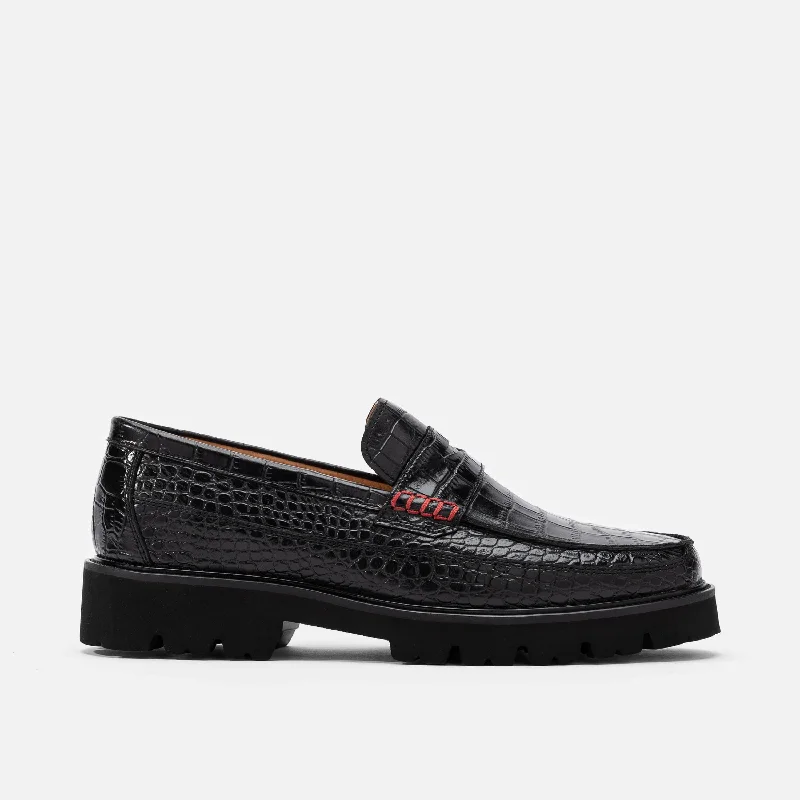 Adler Black Croc Leather Lug Penny Loafers Success