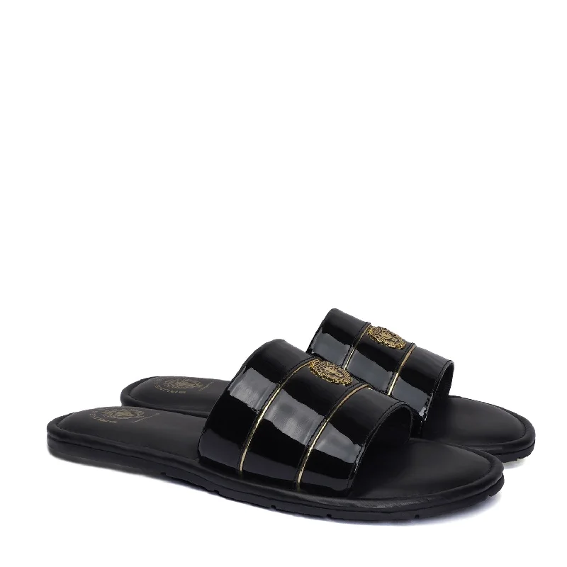 Black Patent Leather Slide-In-Slippers with Signature Metal Lion