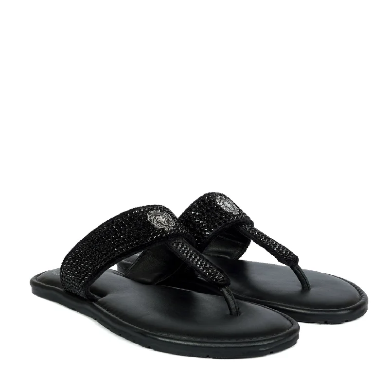 Black Leather Beads Work Slide-In Slippers For Men By Brune & Bareskin