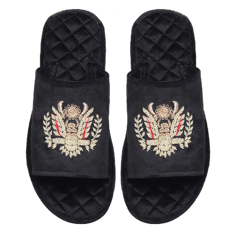 Quilted Base Slide-in Slippers with Crown Eagle Zardosi on Black Velvet