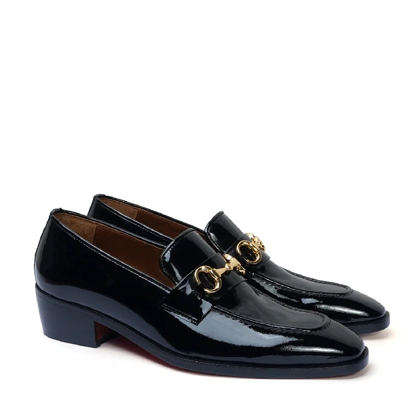 Men's loafers with a decorative buckleCuban Heel Slip-On Shoe in Patent Black Leather Men's loafers with a decorative buckleCuban Heel Slip-On Shoe in Patent Black Leather