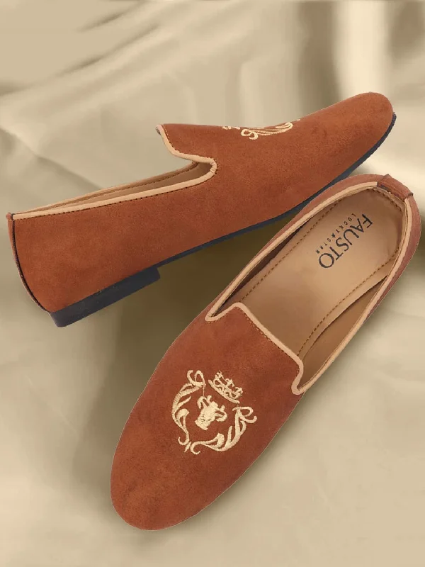 Men's loafers with a perforated leather upper for ventilationMen Tan Embroidered Velvet Slip On Loafers Men's loafers with a perforated leather upper for ventilationMen Tan Embroidered Velvet Slip On Loafers
