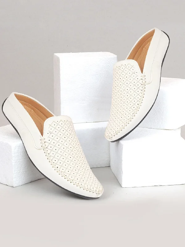 Men's loafers with a memory foam insoleMen White Stitched Block Design Pattern Back Open Slip On Loafer Shoes Men's loafers with a memory foam insoleMen White Stitched Block Design Pattern Back Open Slip On Loafer Shoes
