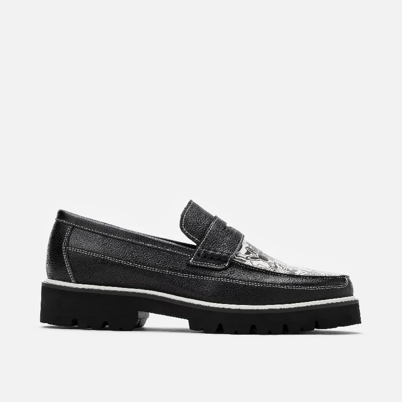 Kodone 'Scribble' Black Leather Lug Penny Loafers