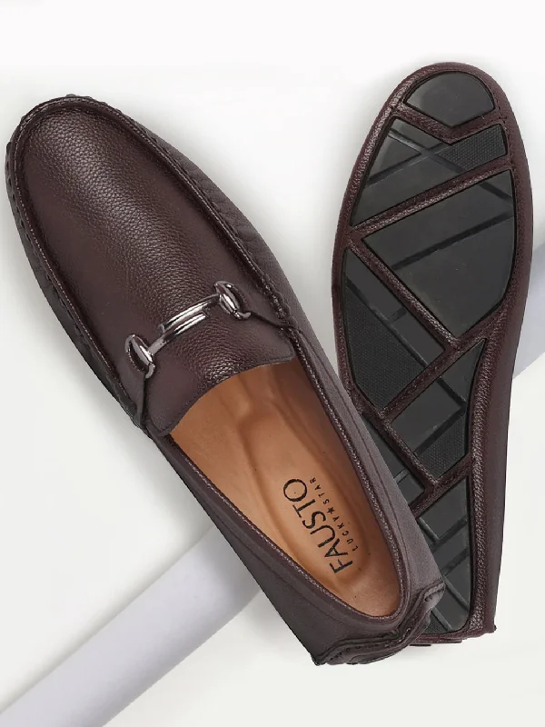 Men's loafers with a smooth leather finishMen Cherry Hand Stitched Horsebit Buckle Loafer and Moccasin Driving Shoes