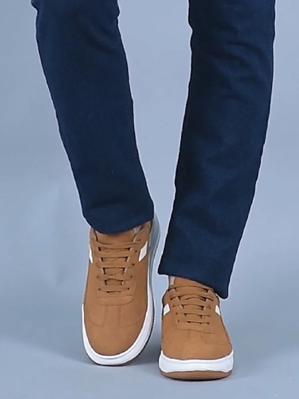Men's casual shoes with a soft insole for cushioningMen Tan Lace Up White Stripped Trendy All Day Comfortable Lightweight Sneakers Casual Shoes