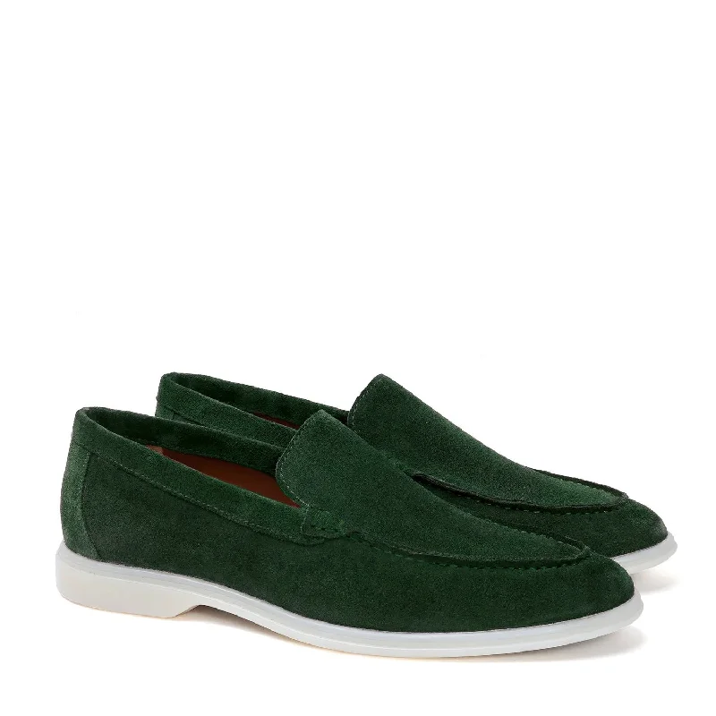 Men's leather loafers with a penny slotMen's Yacht Shoes with Green suede Leather