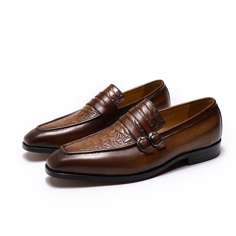 Men's loafers with a contrast stitching detailThe Milanino 2 - Double Monkstrap Leather Loafers (Crocodile pattern) Men's loafers with a contrast stitching detailThe Milanino 2 - Double Monkstrap Leather Loafers (Crocodile pattern)