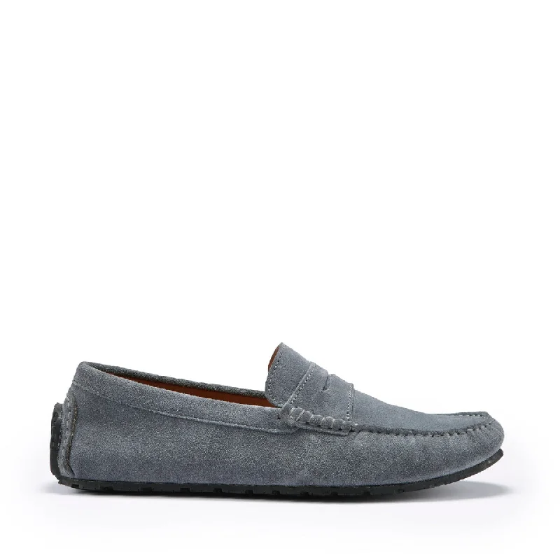 Men's leather loafers with a penny slotTyre Sole Penny Driving Loafers, slate grey suede Men's leather loafers with a penny slotTyre Sole Penny Driving Loafers, slate grey suede