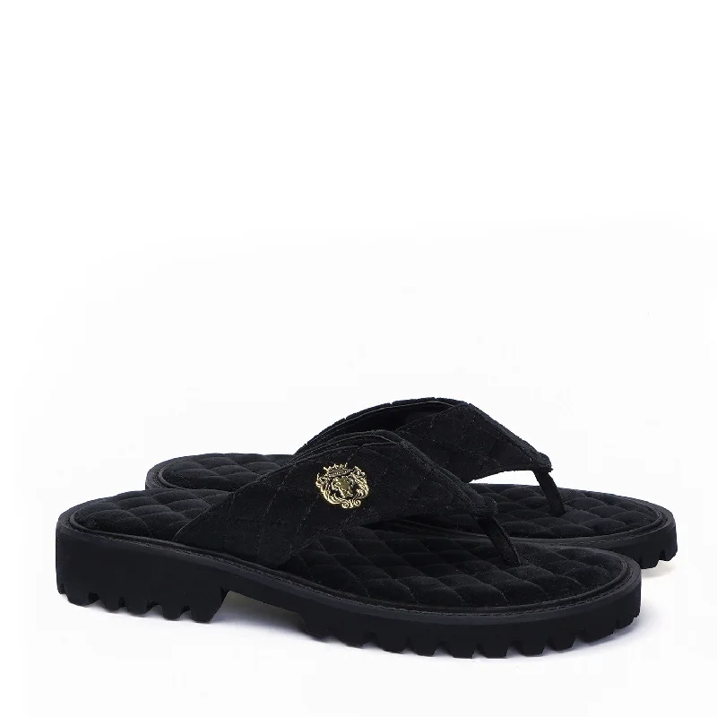 V-Strap Chunky Sole Slipper in Black Italian Velvet