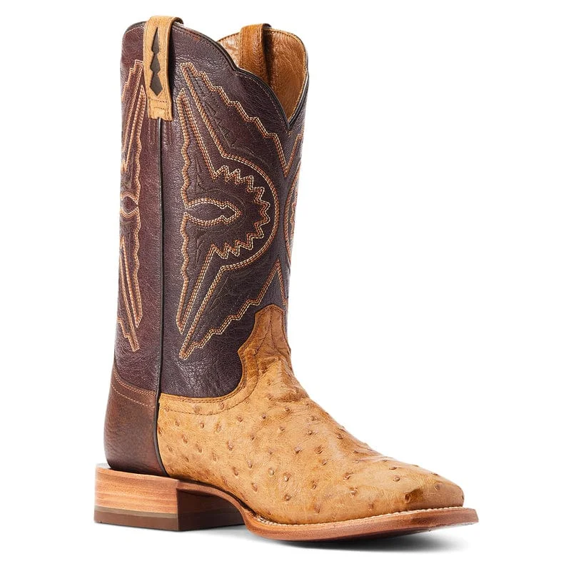 Men's cowboy boots with a distressed leather finishAriat Men's Broncy Antique Saddle Full Quill Ostrich Square Toe Exotic Western Boots 10044419 Men's cowboy boots with a distressed leather finishAriat Men's Broncy Antique Saddle Full Quill Ostrich Square Toe Exotic Western Boots 10044419