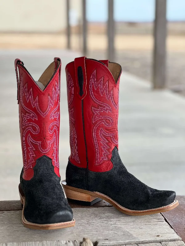 Men's cowboy boots with a leather lining for comfortFenoglio Boot Co. | Black Victoria Roughout w/ Red Boot Men's cowboy boots with a leather lining for comfortFenoglio Boot Co. | Black Victoria Roughout w/ Red Boot