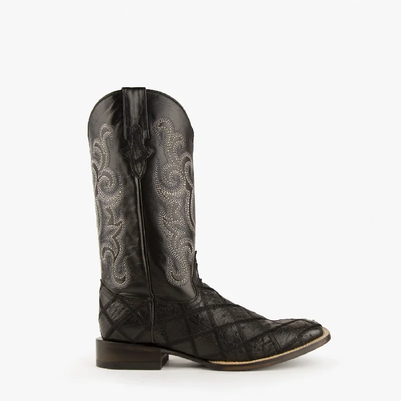 Western - style men's cowboy boots with intricate stitchingFerrini Mens Black Leather Ostrich Patchwork S-Toe Pinto Cowboy Boots Western - style men's cowboy boots with intricate stitchingFerrini Mens Black Leather Ostrich Patchwork S-Toe Pinto Cowboy Boots
