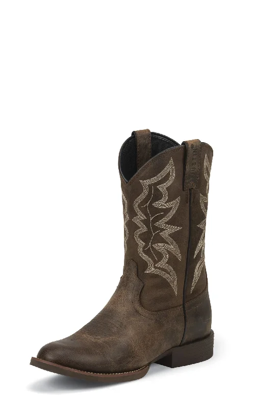 Men's cowboy boots with a concho belt detailJustin Mens Distressed Brown Buster Leather Cowboy Boots Men's cowboy boots with a concho belt detailJustin Mens Distressed Brown Buster Leather Cowboy Boots