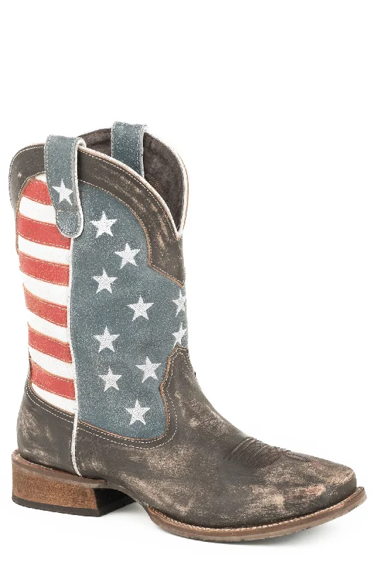 Roper 12In Mens Brown Leather American Flag Cowboy Boots