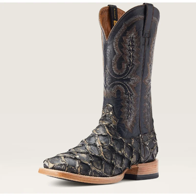 Men's western boots with a silver - toned hardware and accentsAriat Men's Distressed Black Pirarucu Deep Water Western Boot Men's western boots with a silver - toned hardware and accentsAriat Men's Distressed Black Pirarucu Deep Water Western Boot