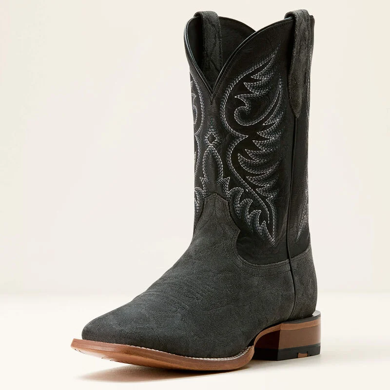 Men's western boots with a traditional western boot silhouette and a polished shineAriat Men's Wiley Cowboy Boot in Black Elephant Roughout/ Bayou Men's western boots with a traditional western boot silhouette and a polished shineAriat Men's Wiley Cowboy Boot in Black Elephant Roughout/ Bayou