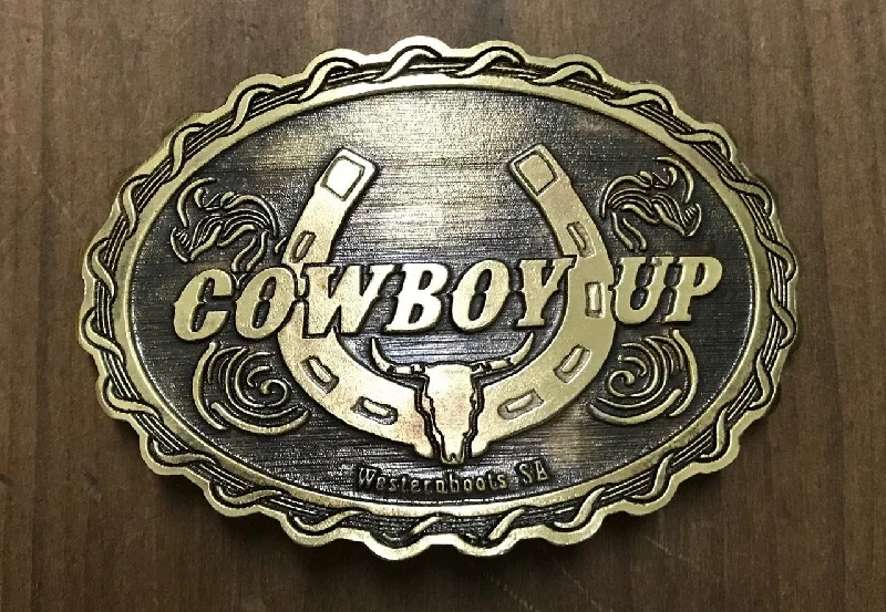 Men's western boots with a concho - studded strap and a pointed toeCowboy Up Buckle