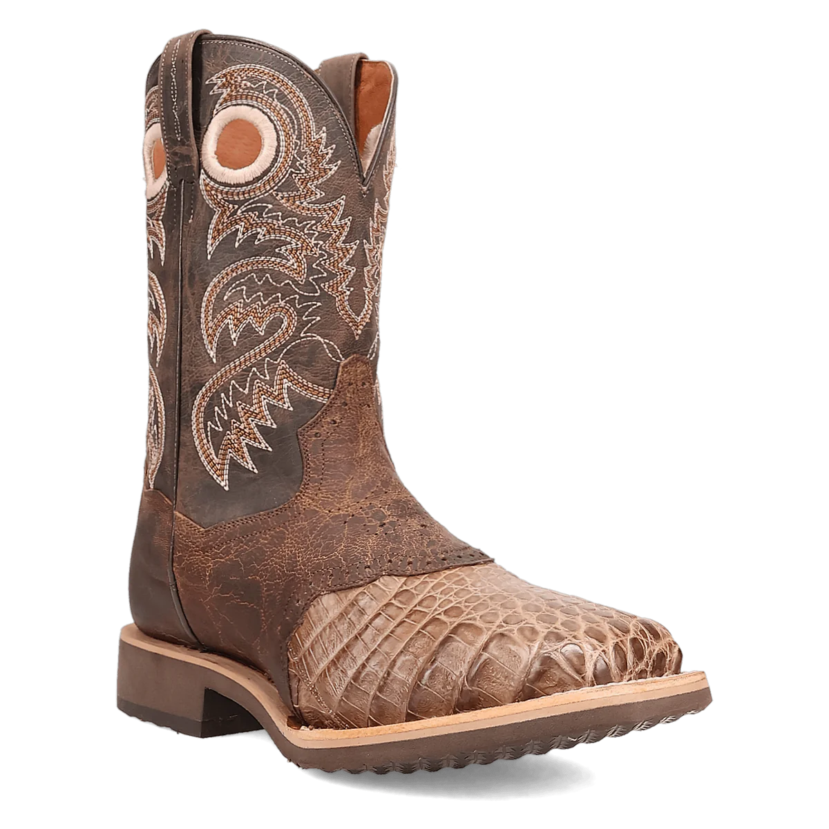 Men's western boots with a leather sole and a heel guardDan Post Men's Egan Caiman Western Boot in Bay Apache Men's western boots with a leather sole and a heel guardDan Post Men's Egan Caiman Western Boot in Bay Apache