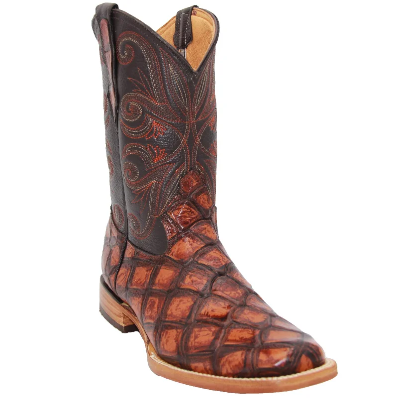 Men’s Leather Fish Print Square Toe Cowboy Boot