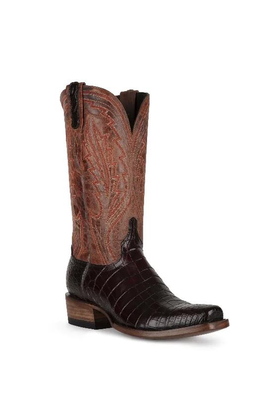 Men's western boots with a tooled leather design on the shaftAllens Brand - Nile Belly - Cutter Toe - Black Cherry Men's western boots with a tooled leather design on the shaftAllens Brand - Nile Belly - Cutter Toe - Black Cherry