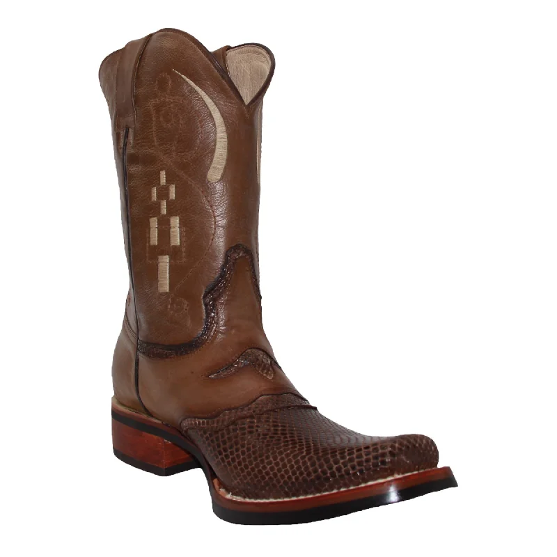 Men's Leather Snake Skin Print Square Toe Cowboy Boot