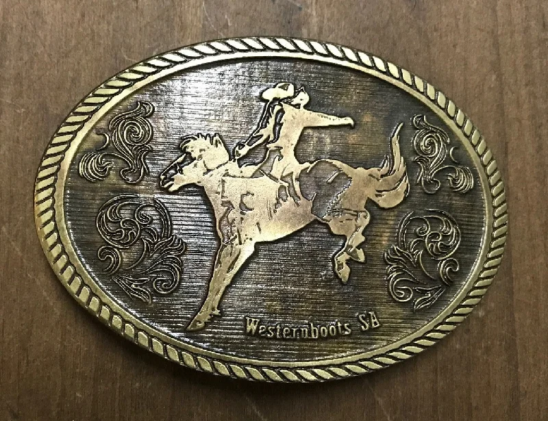 Men's western boots in a rich brown or black leatherRodeo Horse Buckle