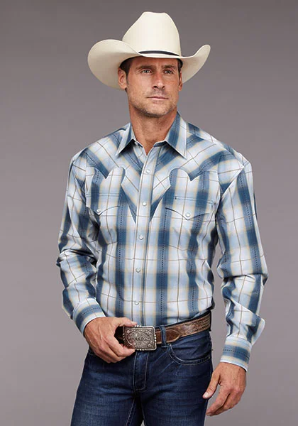 Stetson® Men's Long Sleeve Western Shirt - Denim Dobby Plaid