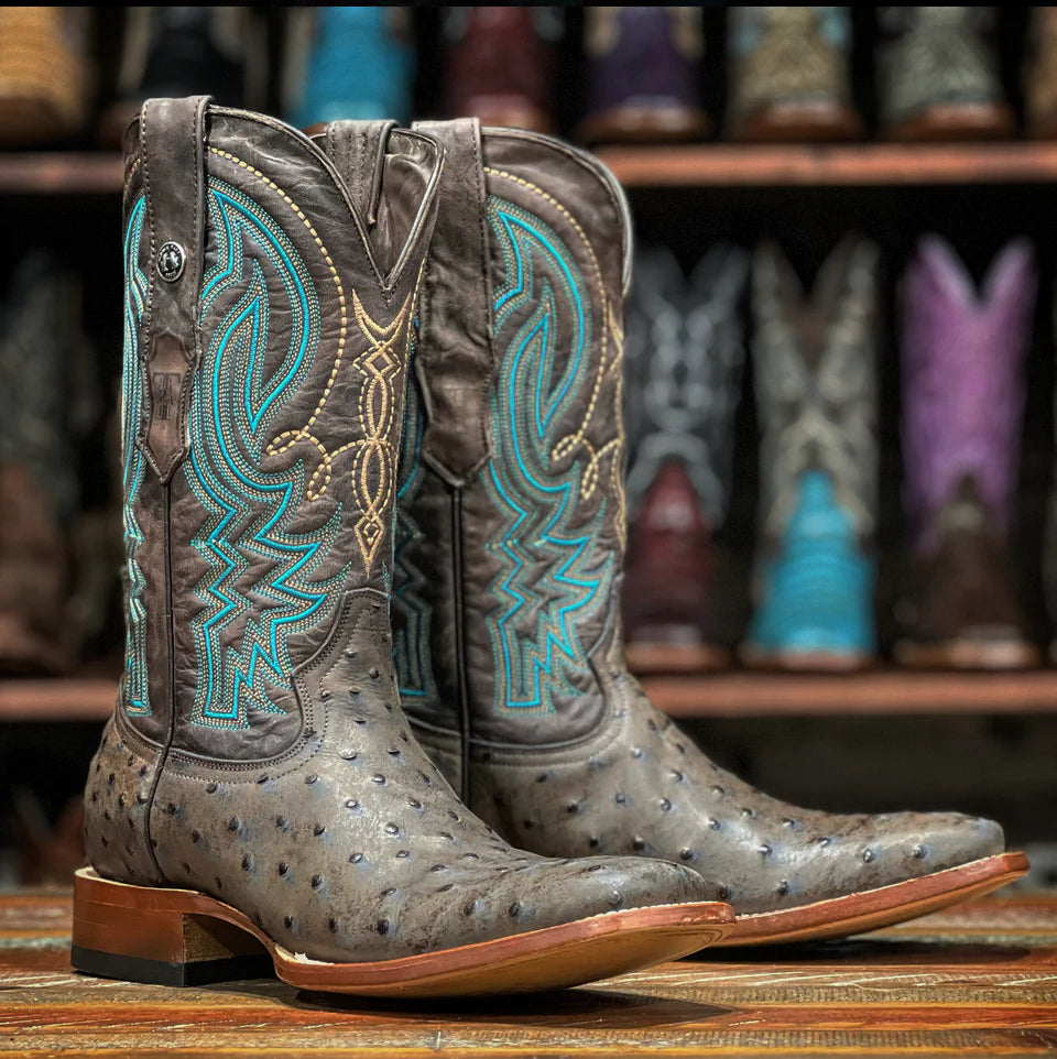 Men's western boots with a suede shaft and a leather soleTanner Mark Men's Imitation Ostrich Boot in Black-Brown Men's western boots with a suede shaft and a leather soleTanner Mark Men's Imitation Ostrich Boot in Black-Brown