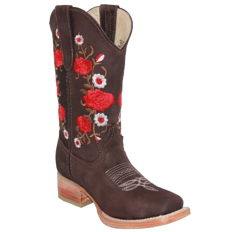 Women’s Square Toe Floral Embroidered Cowgirl Leather Boots