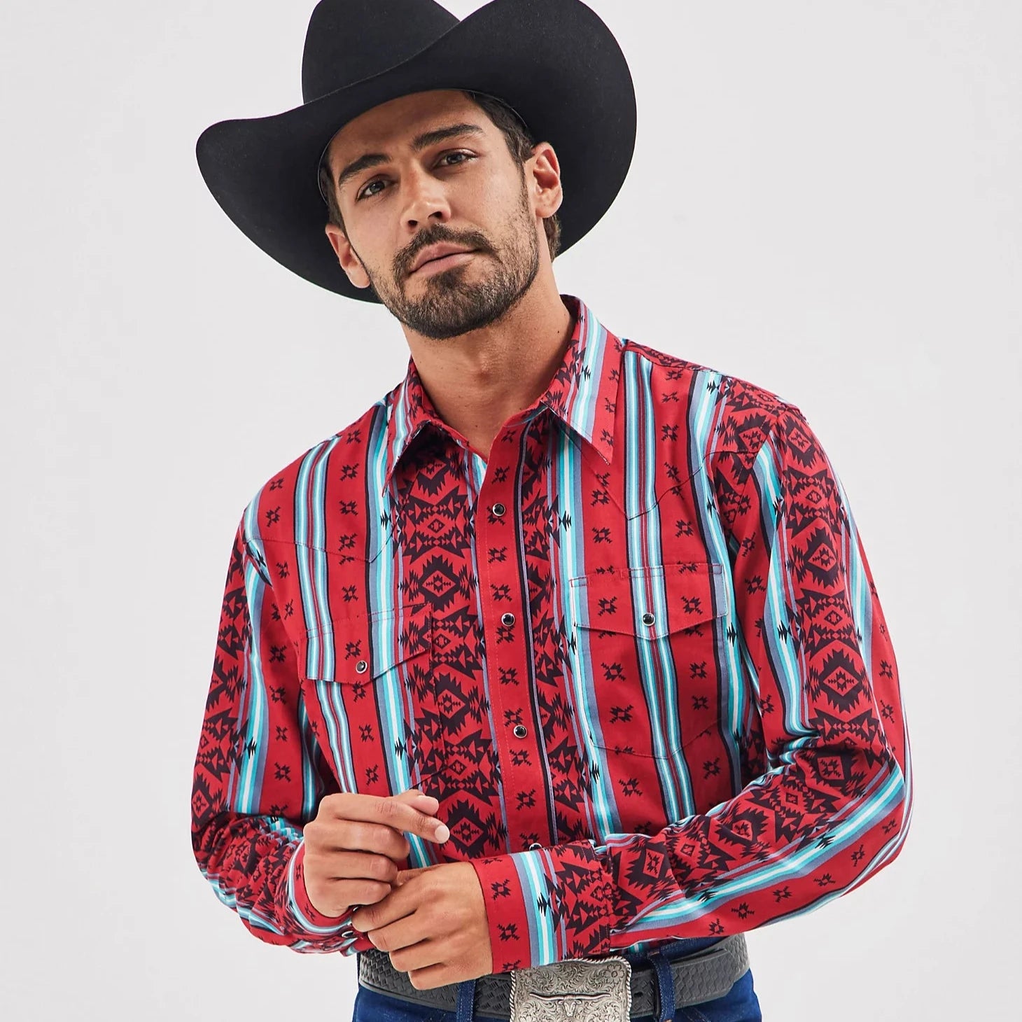 Men's western boots with a decorative concho belt and buckleWrangler Men's Checotah L/S Western Snap Shirt in Sonoran Red Men's western boots with a decorative concho belt and buckleWrangler Men's Checotah L/S Western Snap Shirt in Sonoran Red