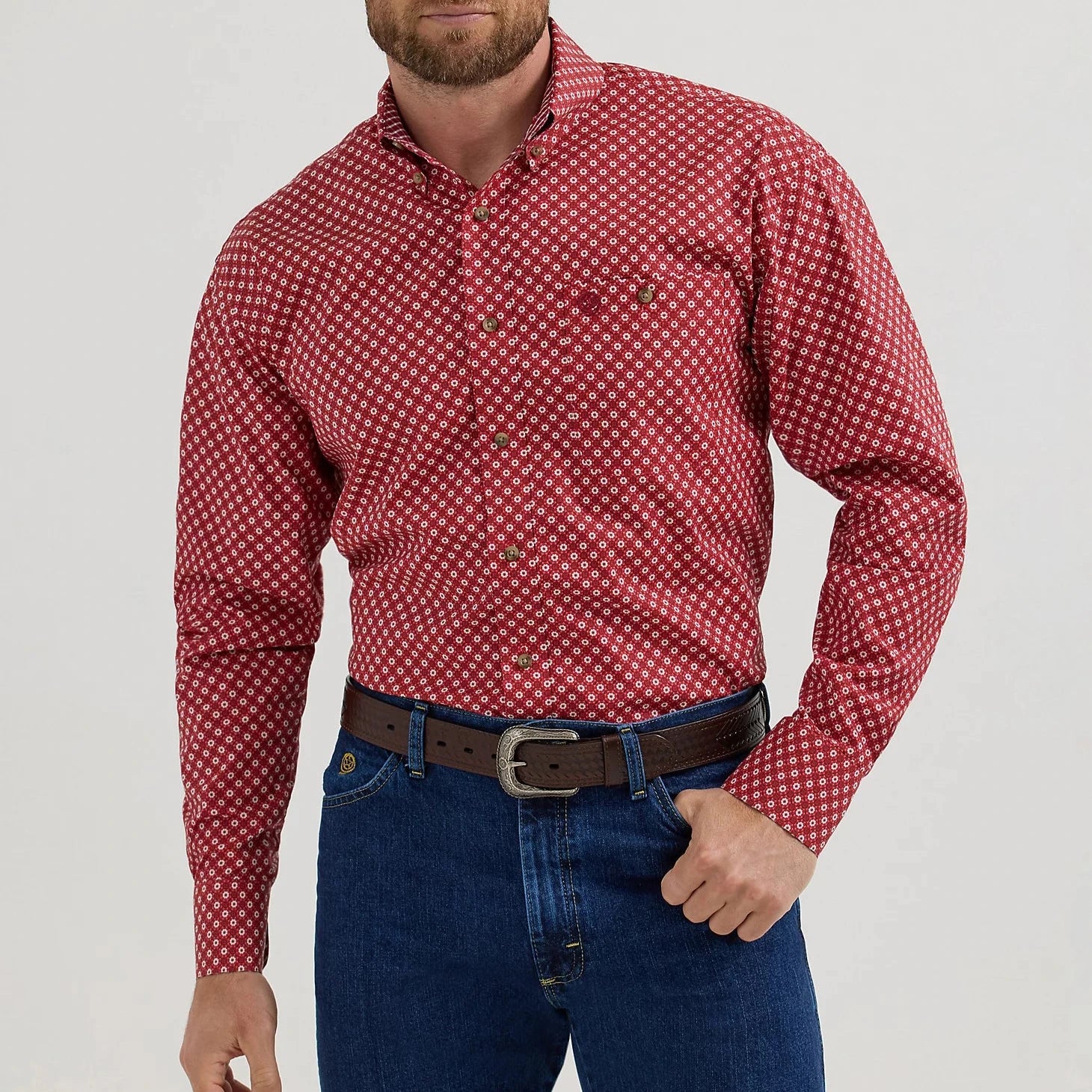 Men's western boots with a silver - toned hardware and accentsWrangler Men's L/S George Strait Floral Medallion Button Down Shirt in Ruby Flower Men's western boots with a silver - toned hardware and accentsWrangler Men's L/S George Strait Floral Medallion Button Down Shirt in Ruby Flower