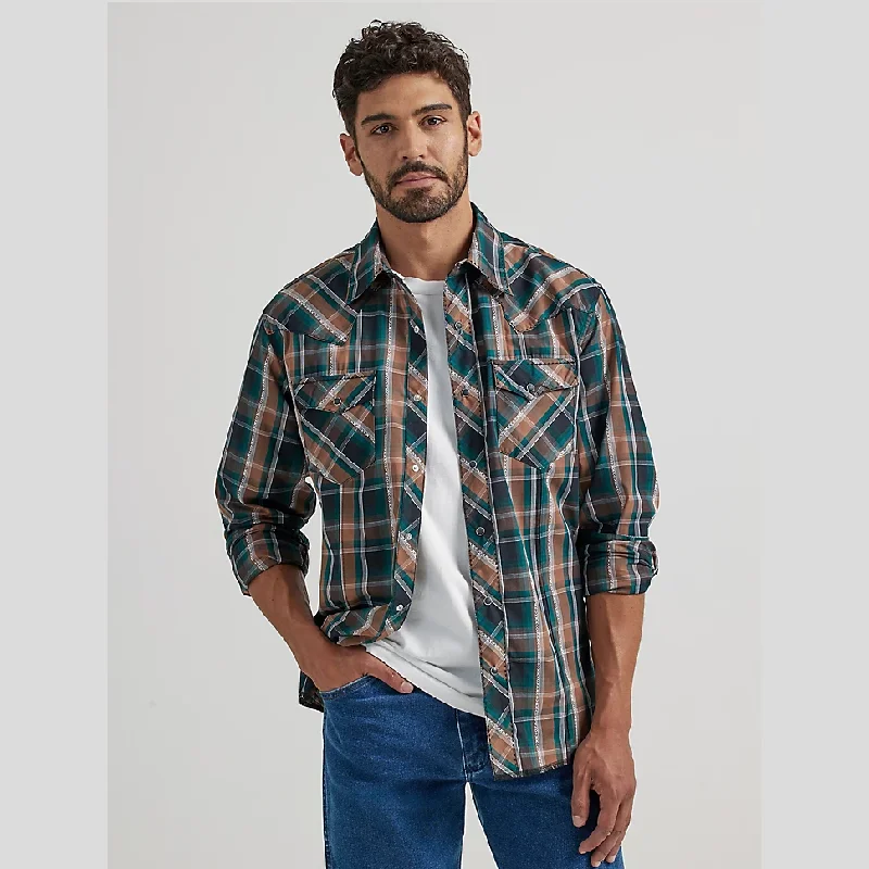 Wrangler® Men's Long Sleeve Western Shirt - Teal Tan Plaid