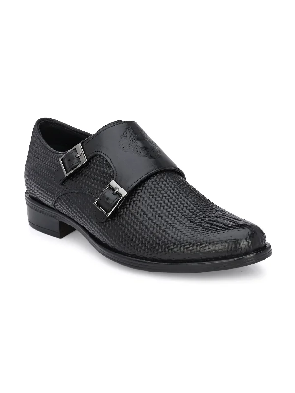 Hitz Men's Black Leather Doble Monk Semi-Formal Shoes