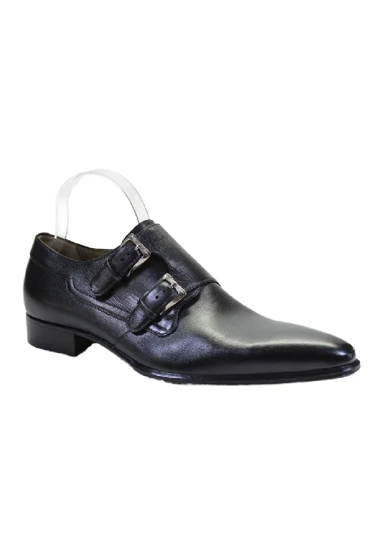 Tardini Mens Hand Berluti Leather 2-Buckled Pointed Toe Loafers Black