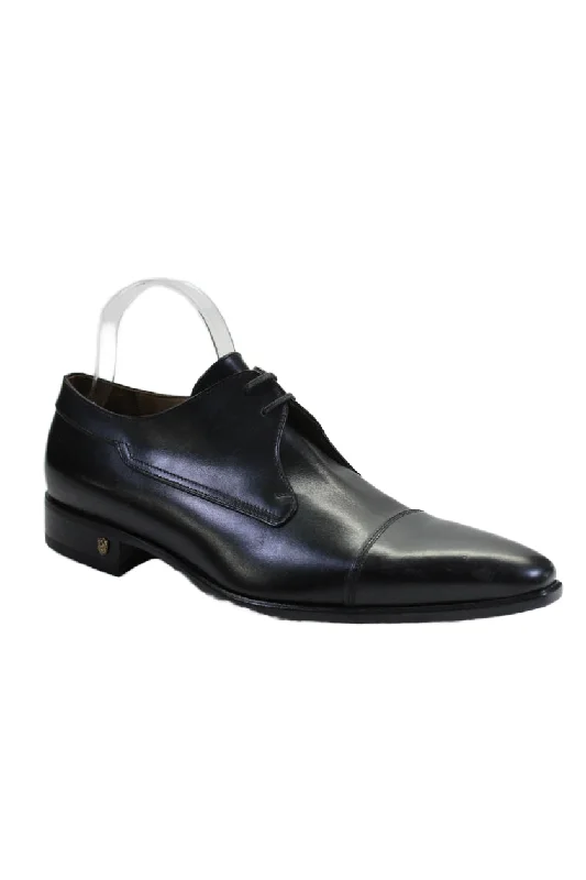 Tardini Mens Italian Leather Pointed Cap Toe Lace-Up Tied Loafers Black