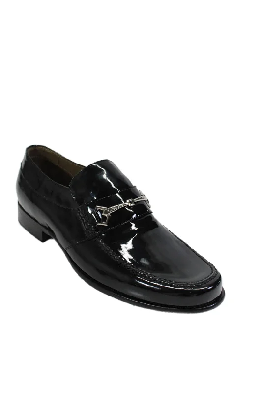 Tardini Mens Patent Leather Silver Tone Slide On Dress Loafers Black